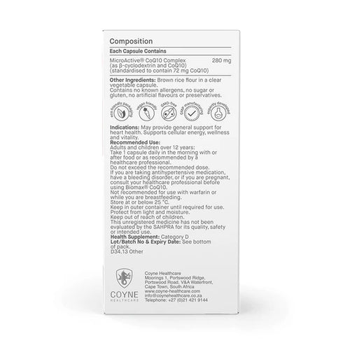 Image of the back of the box of BioMax CoQ10 280mg 30vcaps. shows the dosage and ingredients